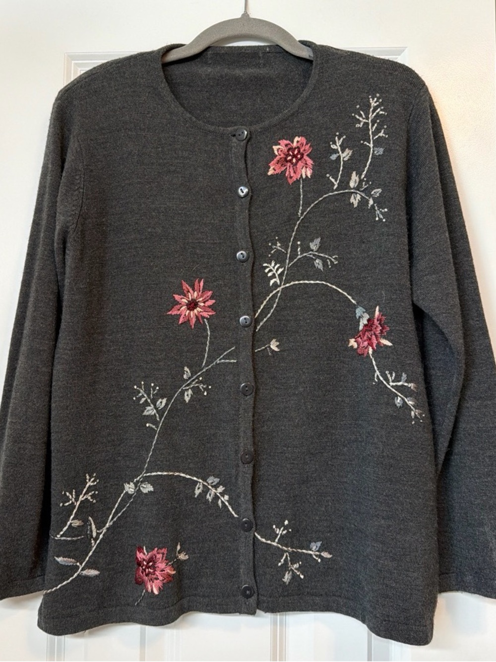 Women’s Charcoal Floral Embroidered Button Cardigan